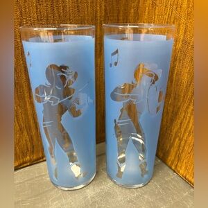 2 vintage tall cups glasses blue dancer risqué frosted cowboy cowgirl